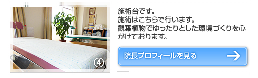 施術台です。
施術はこちらで行います。
観葉植物でゆったりとした環境づくりを心がけております。
施術は院長が行います。